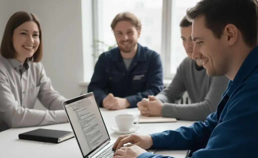 Hallituksen kokous, jossa sihteeri kirjoittaa hallituksen pöytäkirjaa tietokoneella käyttäen digitaalista pohjaa. Evelia.