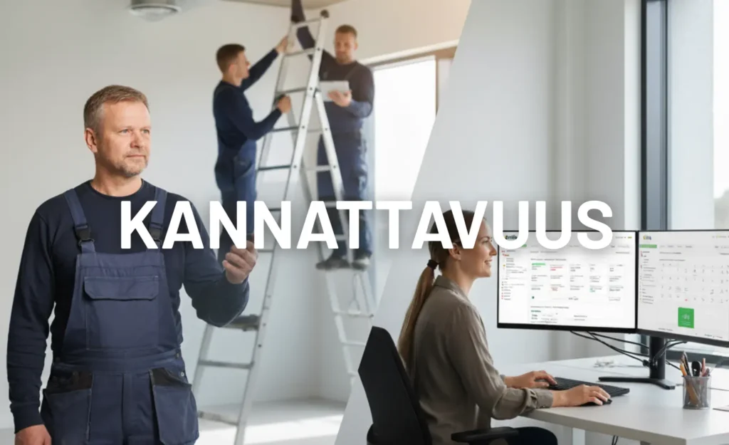LVI-yrittäjä vertailee säästölaskelmaa. Kuva, jossa asentaja työmaalla ja toimistotyöntekijä katsoo Evelia-toiminnanohjausjärjestelmää.