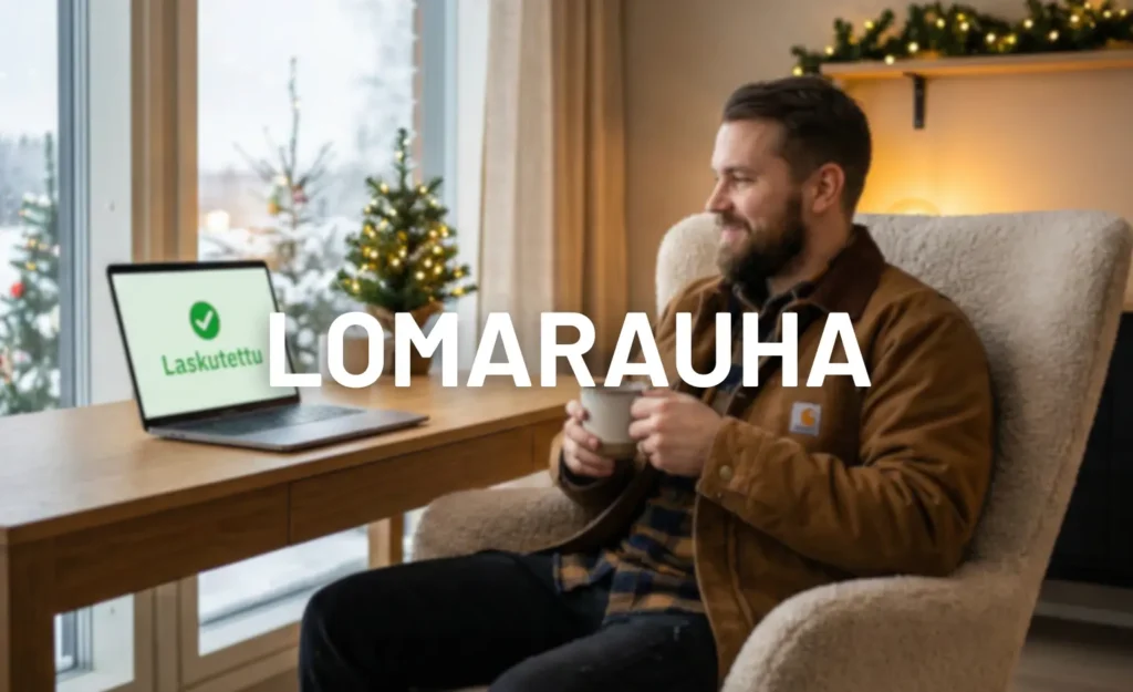 Rento talotekniikka-alan yrittäjä juomassa kahvia ja tarkistamassa laskutustilannetta kannettavalta tietokoneelta joulun alla.