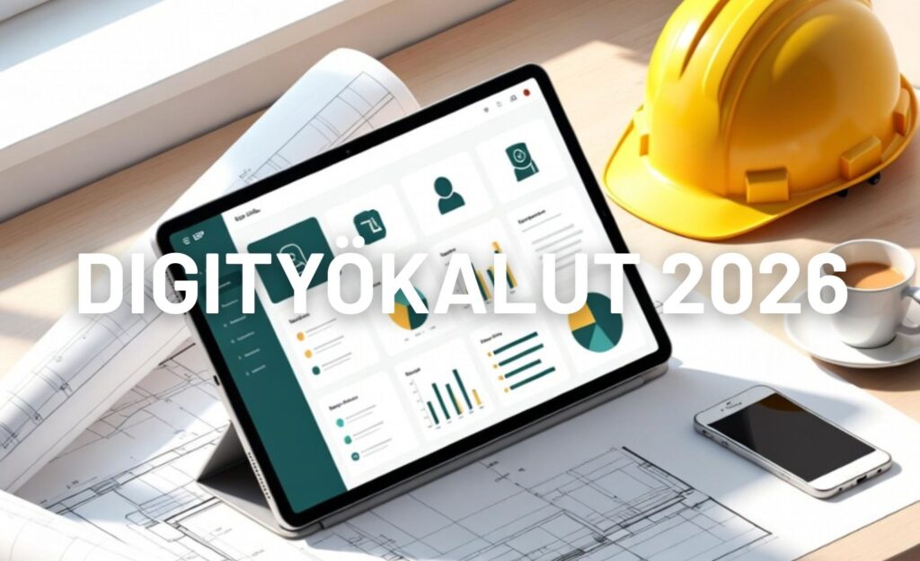 Moderni ERP-järjestelmä tabletilla rakennusalan työpöydällä, keltainen kypärä ja rakennuspiirustukset