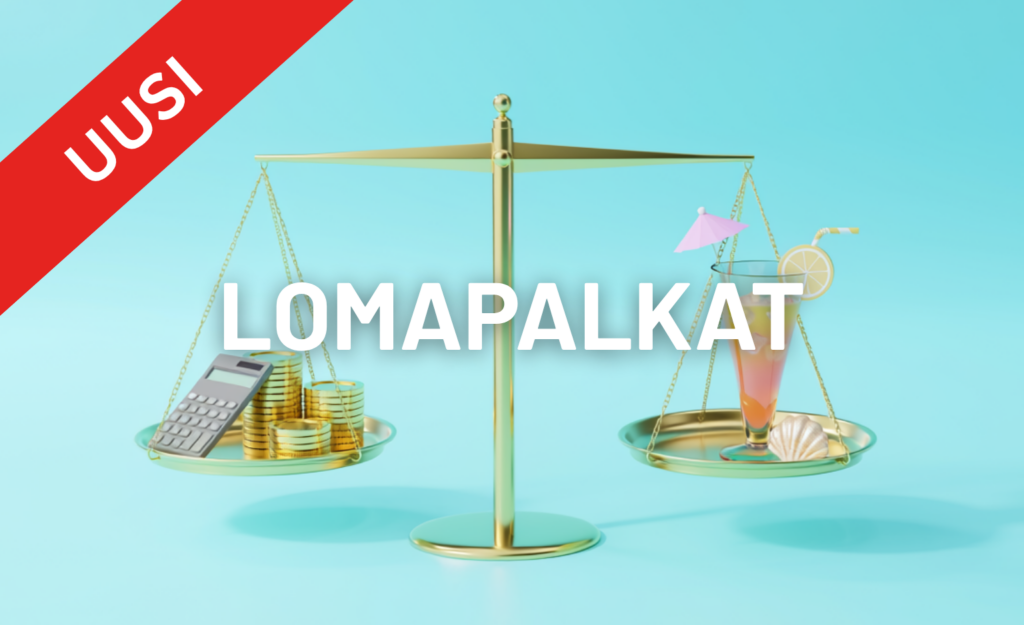 Kultainen vaaka tasapainottelee kolikoiden ja laskimen sekä kesäisen lomadrinkin välillä. Keskellä lukee teksti Lomapalkat. Kuva symboloi yrityksen talouden ja kesälomien tasapainoa.