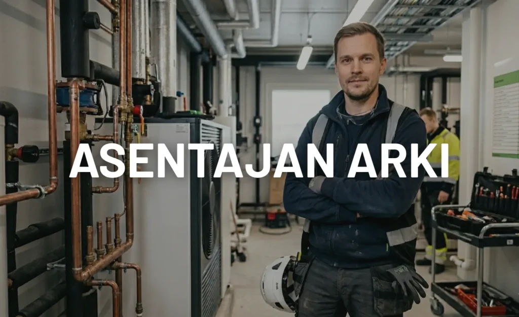 Talotekniikan asentaja työmaalla. Edessä teksti: asentajan arki