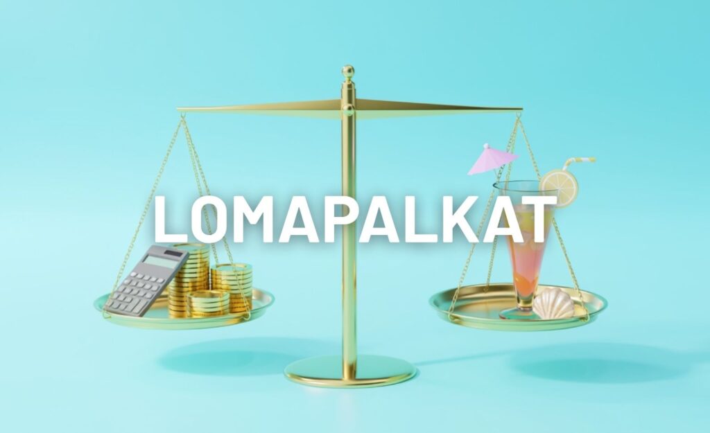 Kultainen vaaka tasapainottelee kolikoiden ja laskimen sekä kesäisen lomadrinkin välillä. Keskellä lukee teksti Lomapalkat. Kuva symboloi yrityksen talouden ja kesälomien tasapainoa.