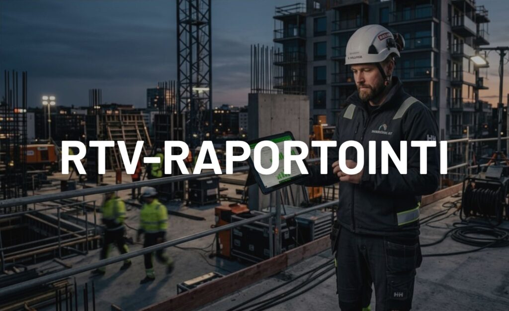 Rakennustyömaalla seisova kypäräpäinen työntekijä tarkastelee tablettia keskeneräisen kerrostalokohteen edessä hämärässä.