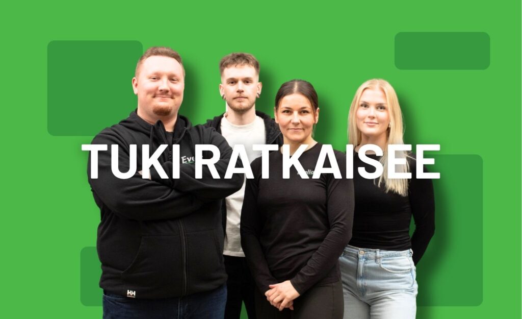 Evelian asiakaspalvelutiimi vihreällä taustalla korostamassa toiminnanohjauksen asiakastuen merkitystä.