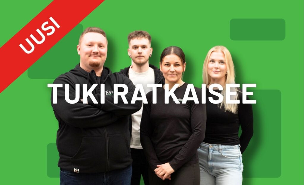 Evelian asiakaspalvelutiimi vihreällä taustalla korostamassa toiminnanohjauksen asiakastuen merkitystä.