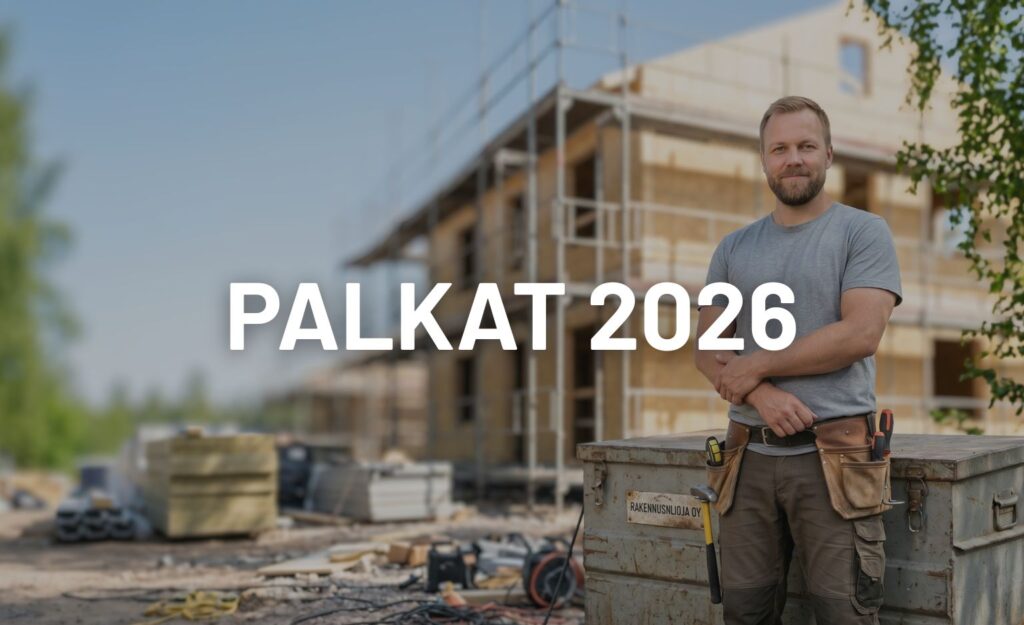 Rakennustyömaa kesällä, etualalla rakennusalan ammattilainen – rakennus- ja talotekniikka-alan palkankorotukset 2026