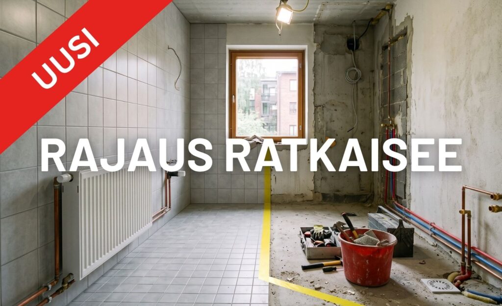 Keskeneräinen kylpyhuoneremontti, jossa keltainen teippi jakaa tilan valmiiseen laatoitettuun ja purkuvaiheessa olevaan puoleen. Kuvassa teksti Urakan rajat.