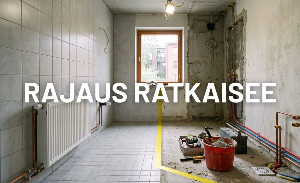 Keskeneräinen kylpyhuoneremontti, jossa keltainen teippi jakaa tilan valmiiseen laatoitettuun ja purkuvaiheessa olevaan puoleen. Kuvassa teksti Urakan rajat.