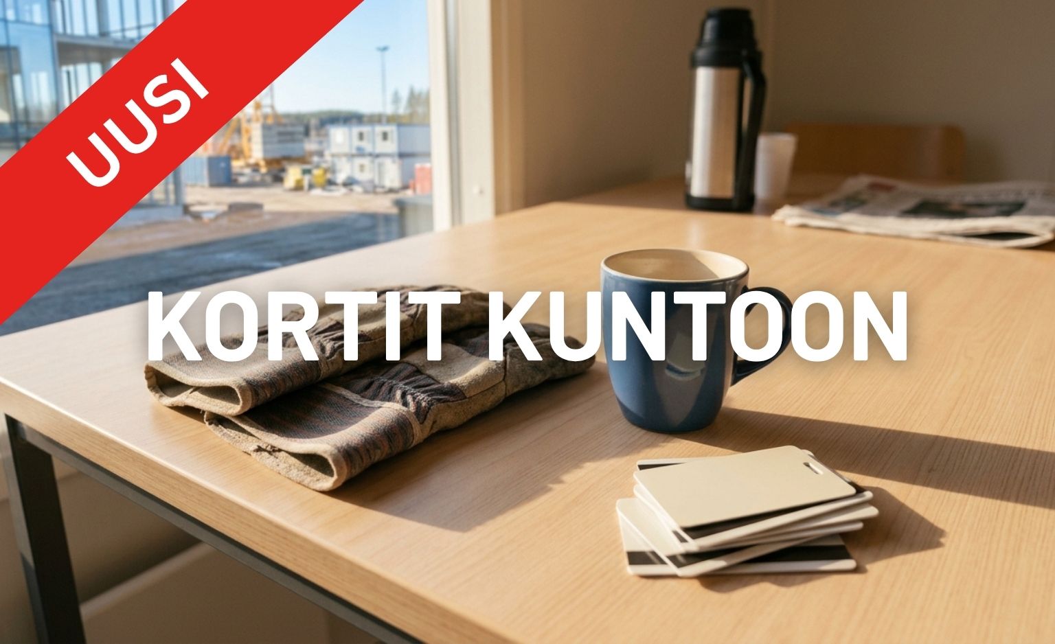 Työmaan taukotilan pöydällä kortteja, työhanskat ja kahvikuppi