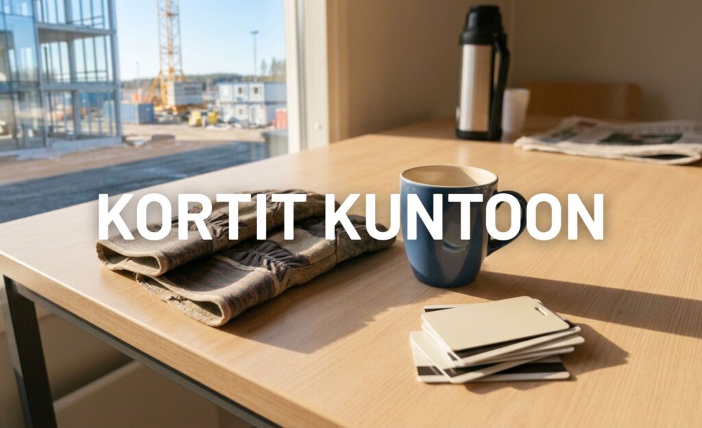Työmaan taukotilan pöydällä kortteja, työhanskat ja kahvikuppi