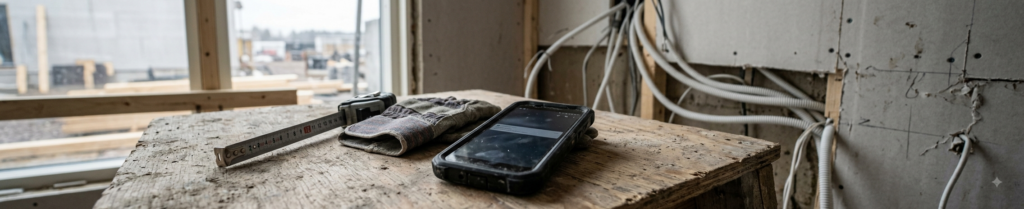 A contractor's phone on a plywood surface at a worksite, with a work glove and tape measure beside it and electrical conduit on the wall behind.