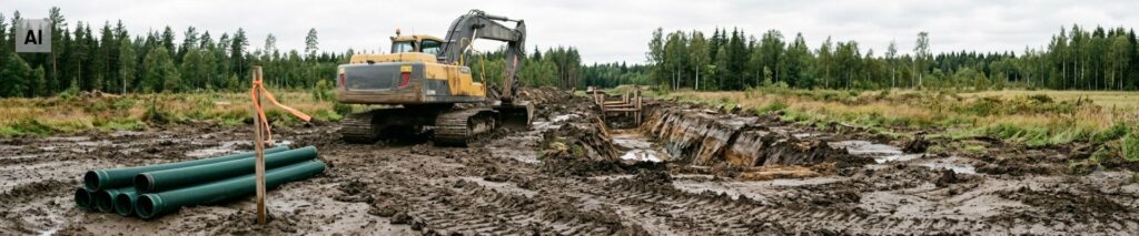 Maanrakennustyömaa, jossa kaivinkone seisoo puoliksi kaivetun ojan vieressä ja etualalla on salaojaputkia ja mittakeppi.