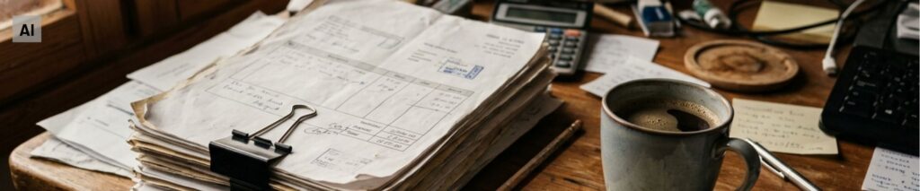 Työpöytä, jolla on paksu nippu paperilaskuja klipsissä, rypistynyt lähete ja kahvikuppi.