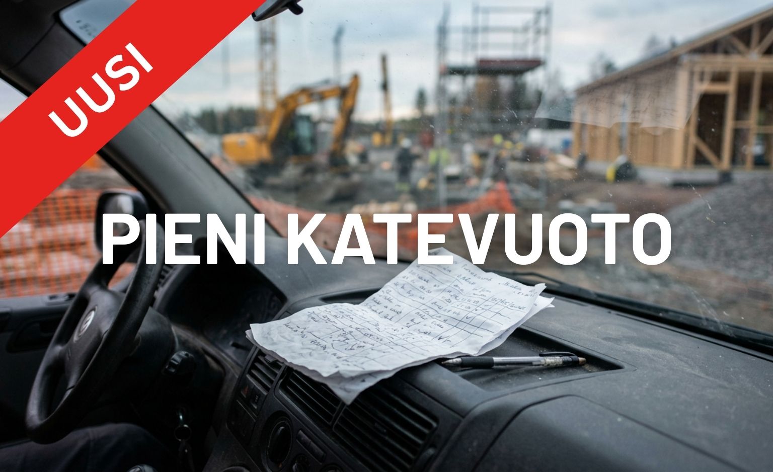Kadonneet työtunnit: ryppyinen paperinen tuntilappu pakettiauton kojelaudalla, taustalla työmaa