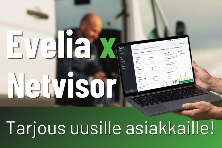 Netvisor-integraatio ilmaiseksi 6 kuukaudeksi: Evelian ja Netvisorin logot ja teksti laskut ja kuitit siirtyvät kirjanpitoon automaattisesti