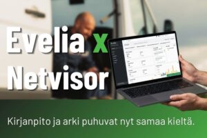 Evelian Netvisor-integraatio: asentaja pakettiauton ovella ja kannettava, jonka näytöllä on Evelian etusivu
