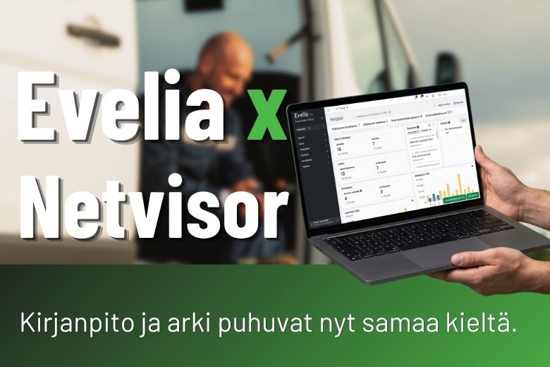 Evelian Netvisor-integraatio: asentaja pakettiauton ovella ja kannettava, jonka näytöllä on Evelian etusivu