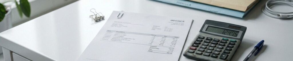 Tulostettu lasku valkoisella työpöydällä laskimen ja kynän vieressä.