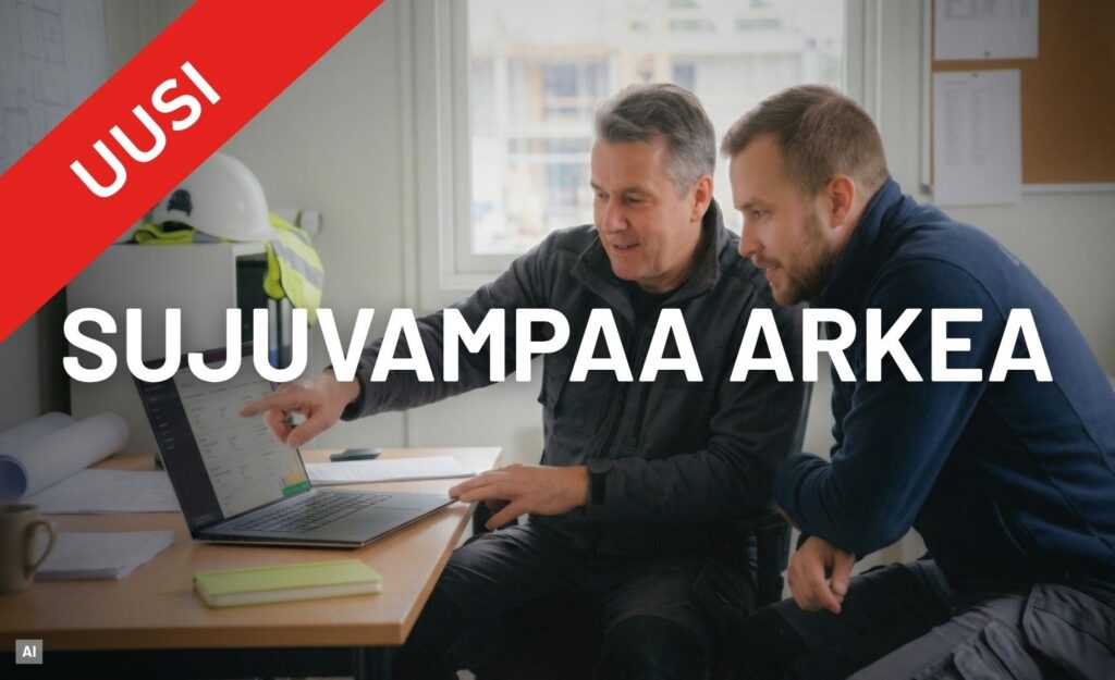 Talotekniikkayrittäjä ja työnjohtaja tarkastelevat yhdessä kannettavan tietokoneen näyttöä työmaatoimistossa.