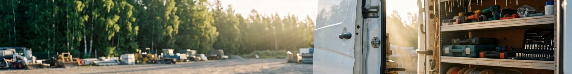 Pakettiauton sivuovi avattuna työmaapihalla aamuauringossa: hyllyssä työkaluja ja kaapelikeloja, termospullo lattialla ja koivikko taustalla.
